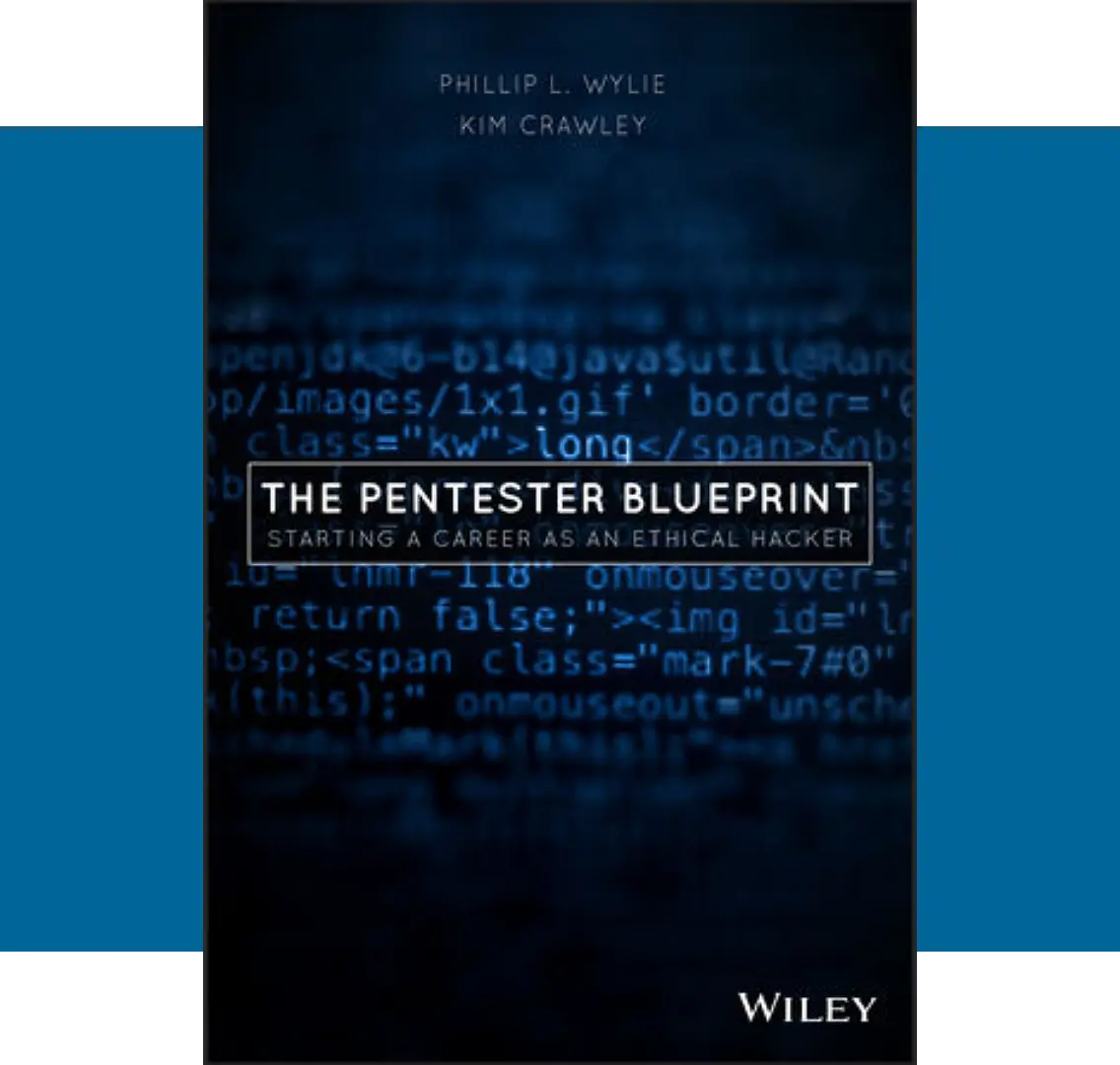 A book cover with the title of the pentester blueprint.